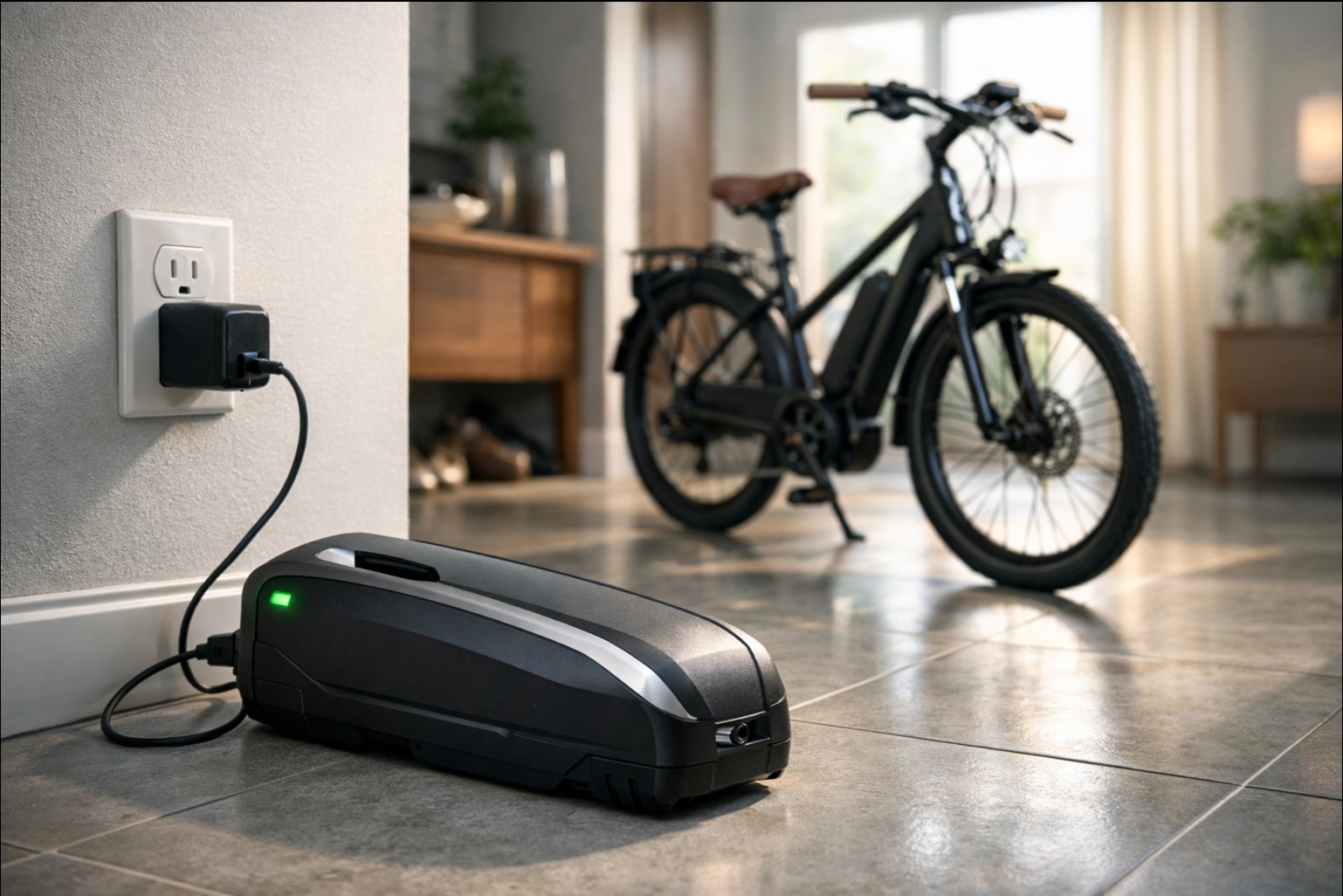 carregamento de bateria de e-bike em apartamento