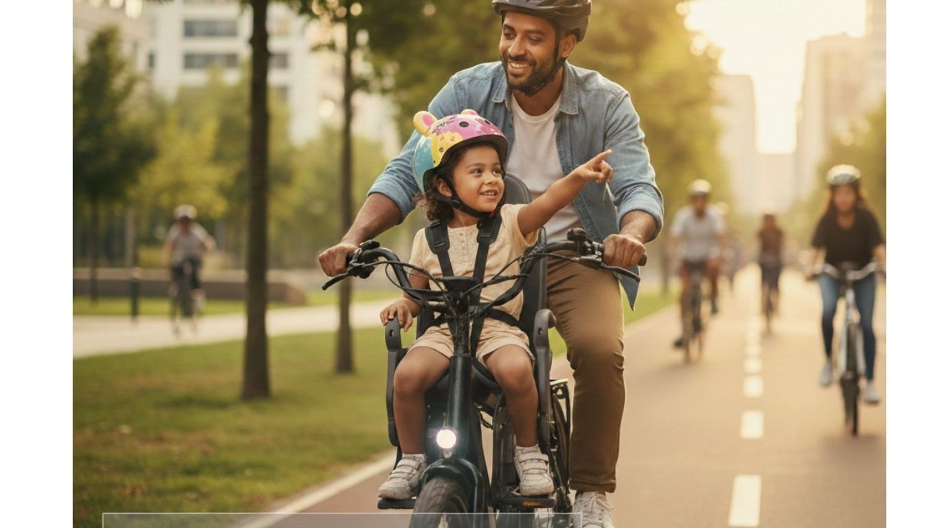 criança na garupa de bicicleta elétrica