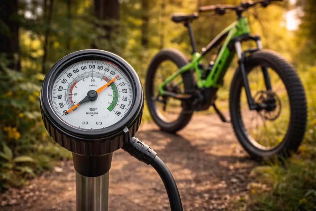 um manômetro de bomba de bike marcando a pressão certinha com uma e-bike moderna ao fundo.