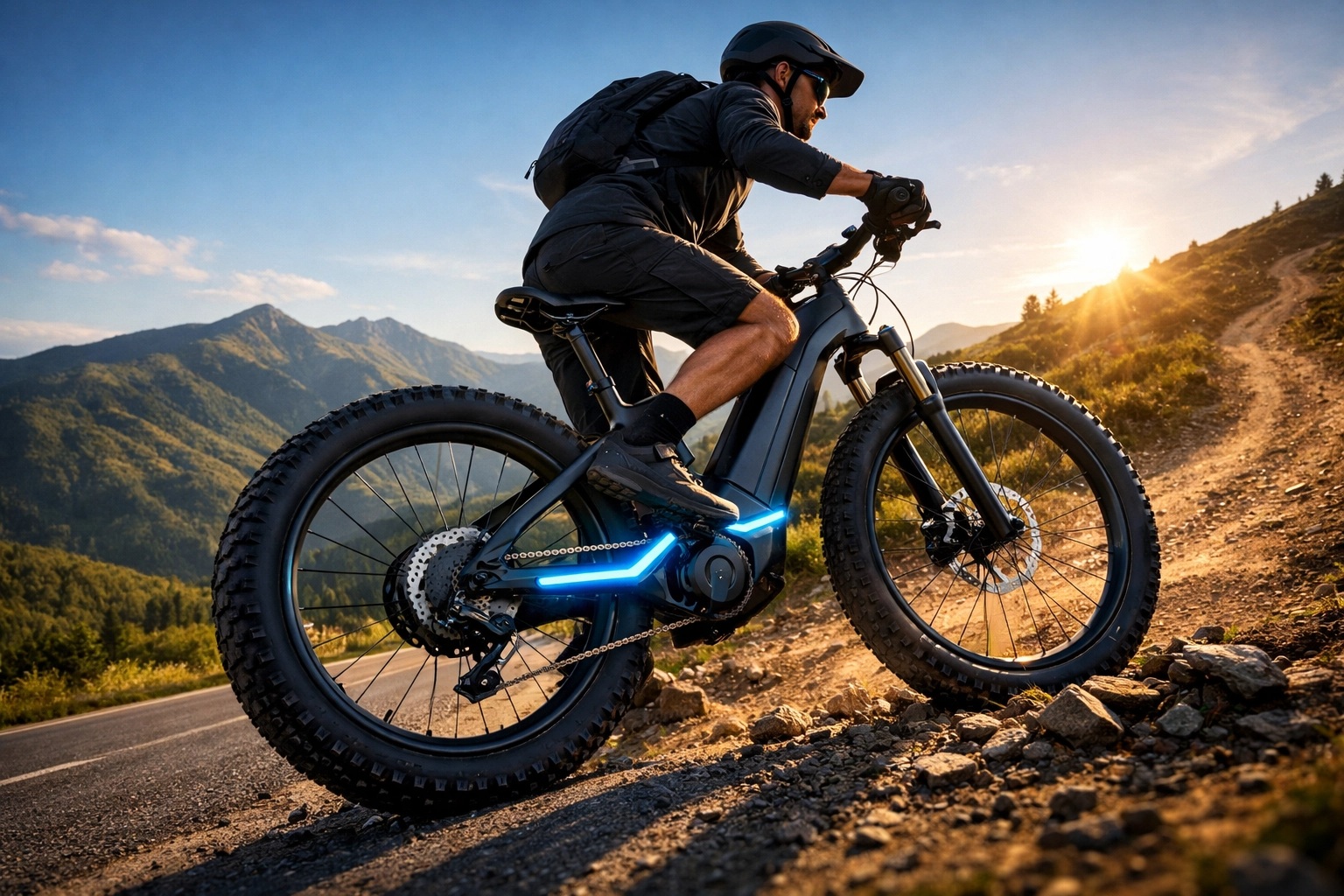 Ciclista em uma e-bike aro 29 moderna subindo uma ladeira íngreme ao pôr do sol. A imagem destaca a roda grande de 29 polegadas, o motor potente integrado ao quadro e a versatilidade entre o asfalto e a trilha de terra, com montanhas ao fundo.